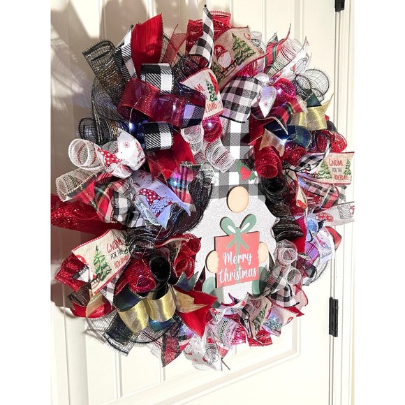 Handmade Merry Christmas Gnome Holiday Ribbon Door Wreath 22 ins W45 - Picture 3 of 12